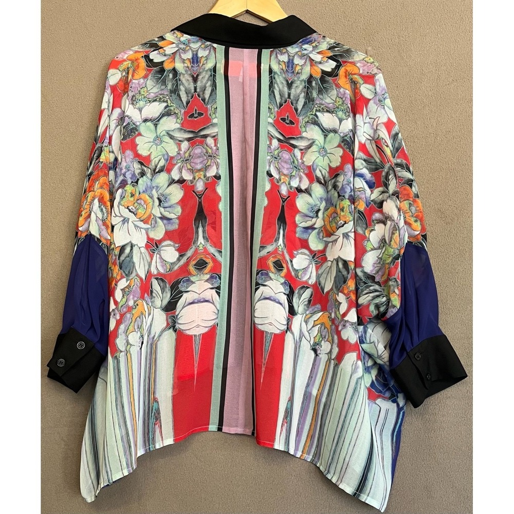 Beach Vacation Blouse Top Floral Cover up 3/4 Sleeve Sheer Pool Clover Canyon S - Picture 7 of 8
